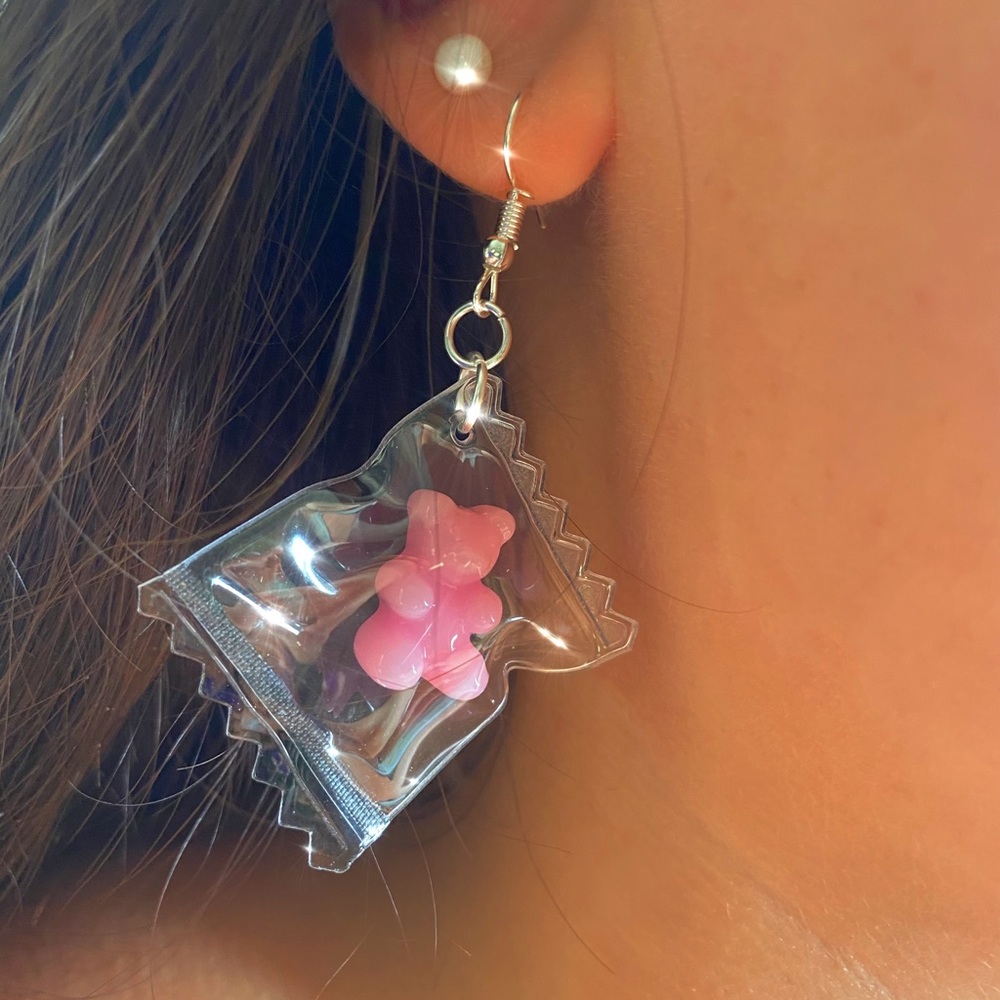 Pink Gummy Bear Dangle Handmade Earrings